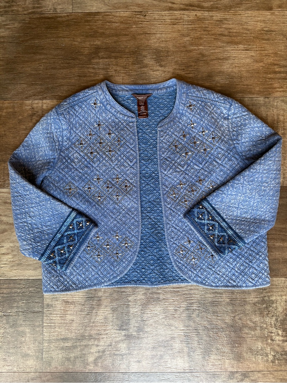 Multiples Light Blue Quilted Embroidered Crop Jacket
